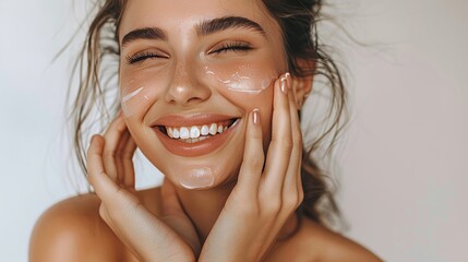 skincare. woman with beautiful face touching healthy facial skin. woman smiling while touching her f