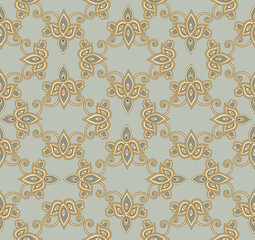 Wall Mural - Arabesque floral seamless pattern. Flourish ornamental texture in classical interior decor style. Floral tile background. Fantastic flowers and leaves. Wonderland motives of stylish damask patterns.