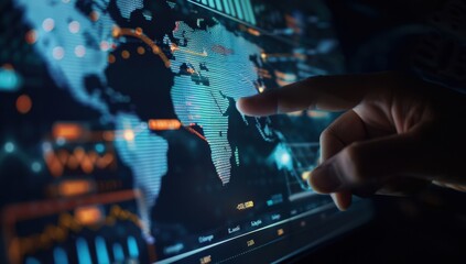 Wall Mural - A hand is pointing at a digital screen with a global map and financial graphs, illustrating the concept of smart business planning for international growth in global trade Generative AI