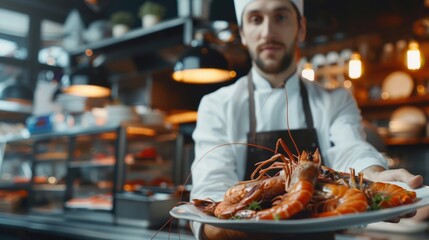 Wall Mural - Chef holding a plate with delicious lobsters. Gourmet seafood presentation in a professional kitchen. Culinary arts and gourmet food concept. Cozy restaurant atmosphere. AI