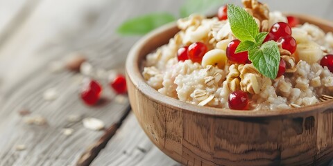 Wall Mural - Healthy Breakfast Option Nuts and Fruit Oatmeal in Wooden Bowl on Wooden Table. Concept food, healthy eating, breakfast, oatmeal, fruits