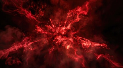 Wall Mural - A burst of smoke explodes outward from a central point, surrounded by eerie red glows that cast shadows and create a chilling atmosphere, ideal for setting the scene for a spooky Halloween theme.