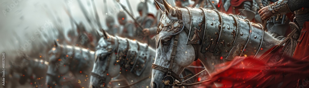 Epic medieval battle scene with armored cavalry charging forward ...