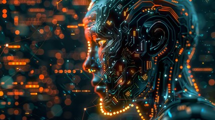 Wall Mural - Cyborg Face with Circuitry - A digital illustration of a cyborg's face. The face is made up of circuits and wires, and the background is filled with digital data.