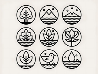 Illustration set of icons, each representing nature elements. 