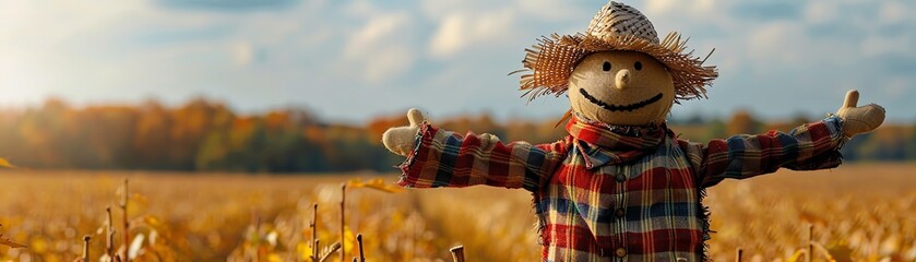 Happy Scarecrow in Autumn Wheat Field