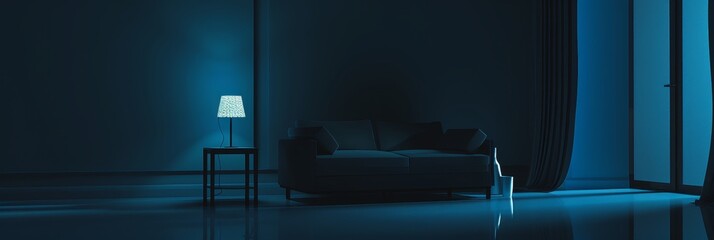 Wall Mural - Modern Minimalist Living Room at Night - A minimalist living room with a dark blue color palette, lit by a lamp and a window. It features a couch, a table, a lamp, and a curtain, with a bright blue gl