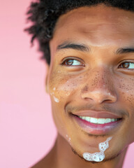 Wall Mural - A smiling young man with facial scrub, enjoying his skincare routine