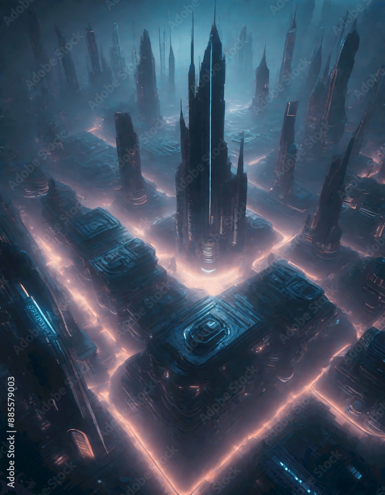 Mysterious alien cityscape shrouded in dense fog with towering ...