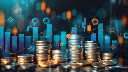 Stacks of coins with financial graphs in the background, illustrating economic growth and investment trends. It highlights market data and financial stability in a dynamic financial landscape.