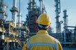 © EarthWalker - Back view of worker engineer in uniform and yellow hard hat looking at industrial refinery oil and gas plant