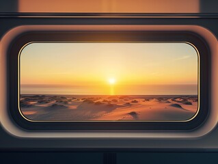 Train window view of desert landscape with sandy terrain stretching into distance under warm sunset glow. Panoramic scene offers perfect travel agency and tour photo opportunity.