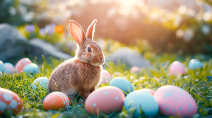 Wall Mural - A cute fluffy easter rabbit with colorful easter egg on grass. Happy Easter