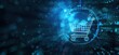 © SKIMP Art - Abstract futuristic background with a glowing blue hologram shopping cart icon in a circle on a dark blue digital technology and online store concept Generative AI
