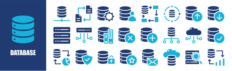 Database icon set. database, technology, network, internet, information, and more. Solid vector icons collection.