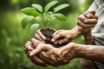 Hands of elderly man and baby holding a young plant against a green natural background.