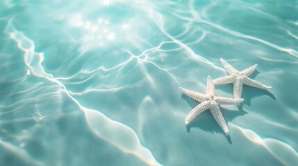 Wall Mural - Summer background. Blue water surface with highlights and ripples on top with two starfish