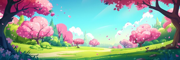 Wall Mural - A beautiful, serene, and peaceful scene of a forest with pink cherry blossoms. The image is a computer-generated landscape with a path leading through the trees. Scene is calm and tranquil