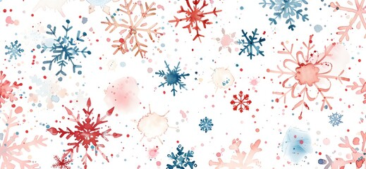 Wall Mural - A snowflake pattern with red, blue and white colors. The snowflakes are scattered all over the background