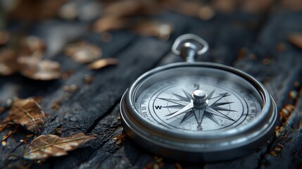 a compass pointing west amongst autumn leaves. generative ai