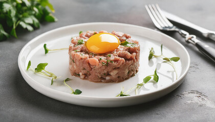 Wall Mural - Belgian steak tartare. Delicious food. Tasty dish. Cooking and culinary concept.