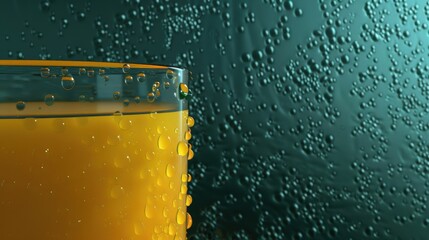 A glass of orange juice with droplets of water on the outside. Copy space