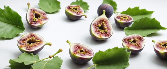 Canvas Print - Fresh figs with green leaves on white background.