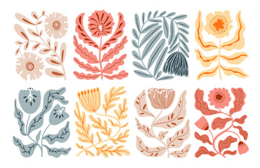 Modern matisse style flowers with decorative pattern. Pastel colored organic doodle flowers in geometric shapes. Abstract groovy botanical posters. Aesthetic modern vector vintage illustration.