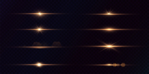 Leinwandbilder - Set of golden horizontal glow. Golden star or sun with highlights. The effect of an explosion of light energy. Vector light effect
