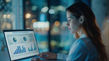Aufkleber - A businesswoman analyzing sales data graphs on a laptop in a modern office.