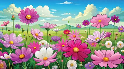 Wall Mural - beautiful cosmos flower field vector art illustration. AI GENERATED