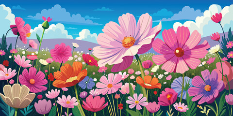 Wall Mural - beautiful cosmos flower field vector art illustration. AI GENERATED