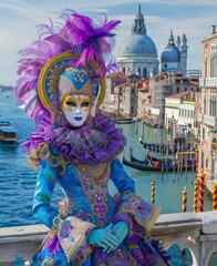 Photo of Venice Carnival in Italy, woman wears colorful costumes and mask with feathers on their heads against the backdrop of canals and palaces. The background is picture of venice city