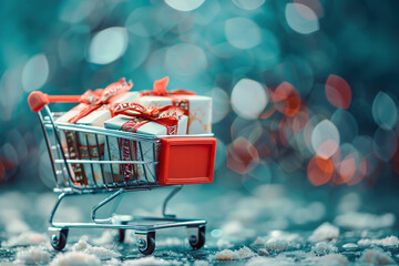 A shopping cart filled with presents is shown in a blurry background, generative ai image.