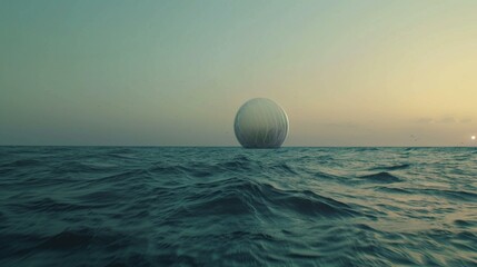 Wall Mural - A large white object floating in the ocean with a sun behind it. AI.