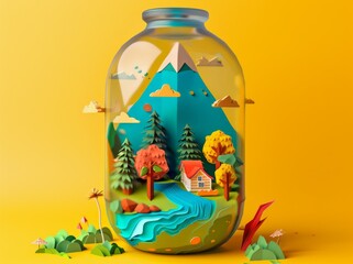 Canvas Print - A glass jar with a picture of trees and mountains in it. AI.