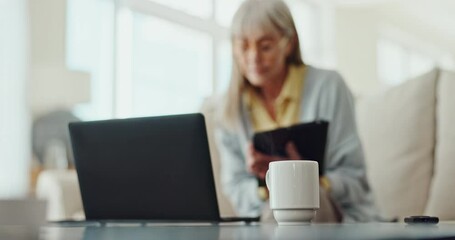 Mature woman, relax and technology with coffee cup for comfort, internet or home streaming services. Person with tea or warm beverage for planning on laptop, phone or digital tablet while watching tv
