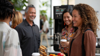 Office workers of all backgrounds enjoying a break in a modern room. Office employees from various ethnicities gather in the break room for coffee.