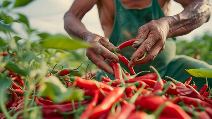 Canvas Print - Farmer harvesting red chili peppers