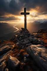 Wall Mural - Cross at the top of a mountain at sunset Aignerate, generative IA