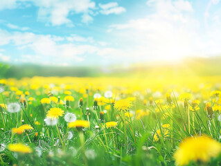 Wall Mural - A field of yellow flowers with a blue sky in the background.