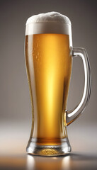 A glass of frothy beer with a handle, filled with golden beer and a thick white foam head, set against a neutral background. Oktoberfest theme.