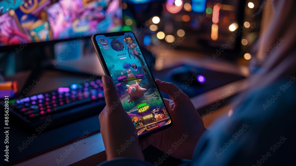 Person playing a colorful mobile game on a smartphone at a gaming setup ...