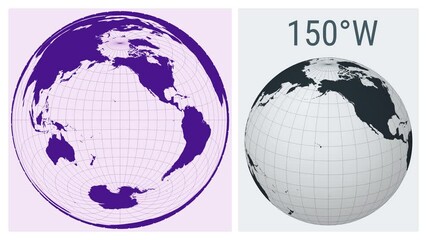 Wall Mural - World Map Animation. Lambert azimuthal equal-area projection. Solid color style. Animated world map in Azimuthal Equal Area projection. Loopable animation showing longitude shift and matching globe.