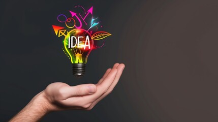 Wall Mural - hand holding a glowing light bulb with idea text and various colorful icons representing creativity 