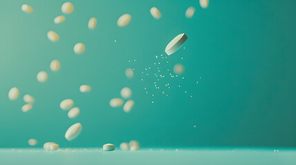 Poster - angled, eye level view, close up shot of a pill falling in front of a turquoise backdrop