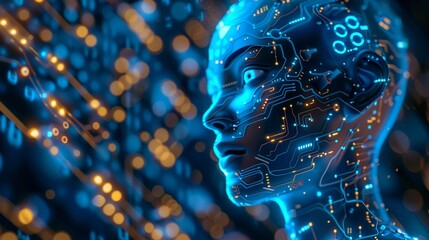 A visual representation of a human face made of digital particles, Abstract Artificial Intelligence Face in Digital World