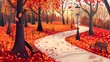 © luck - Scenic autumn park landscape with colorful red foliage on trees and path.  Tranquil outdoor nature scene with bench and vintage street lamp