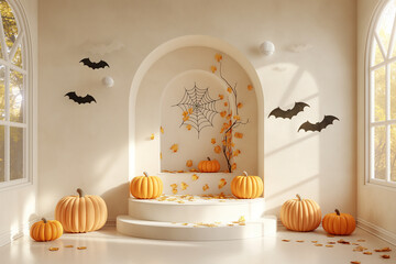 A room with a white wall and a staircase with pumpkins and leaves on it