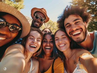 a group of friends posing for a selfie together, with smartphones in hand